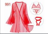 3Pc Net Red Semi Transparent Gown Nighty