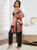 3-Piece Pajamas - Lace Top, Satin Pants And Robe
